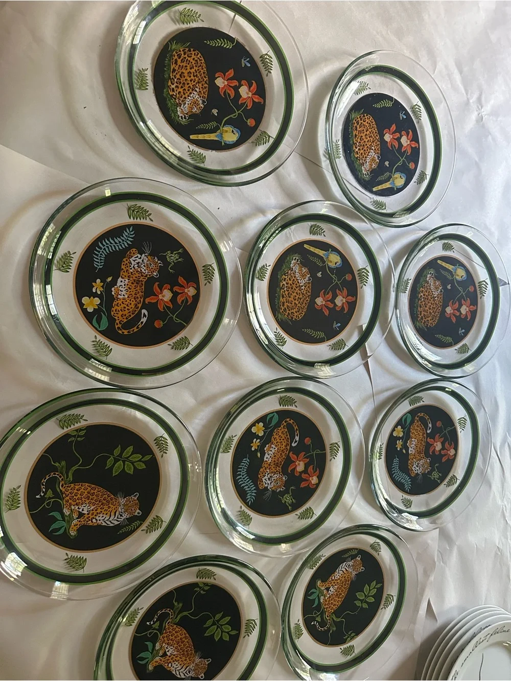 Set of 10 Lynn Chase Decorative Leopard Glass salad Plates- Green Accent